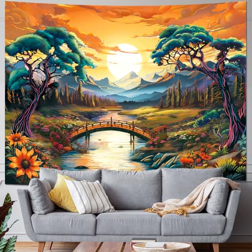 Racunbula Trippy Mountain Tapestry Sun Forest Tapestry Floral Plant Tapestry Nature Landscape Wall Tapestry Mystic River Tapestry Wall Hanging for Bedroom