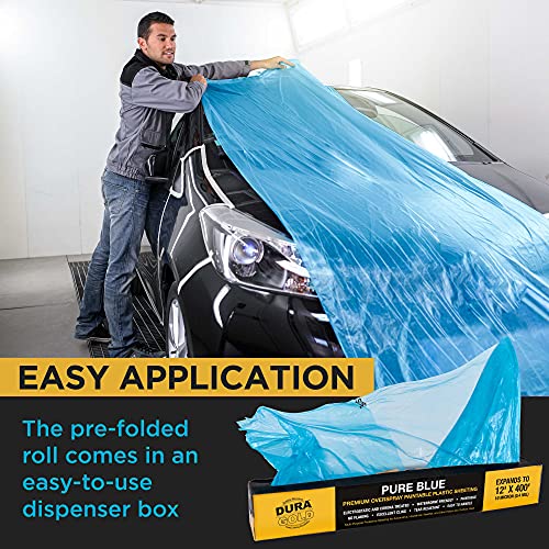 Dura-Gold 12' x 400' Pure Blue Protective Masking Film Cover - Overspray Paintable Sheeting Roll, Painters Plastic (10 Micron, .4 Mil) - Plastic Painting Protection for Auto & Household Paint Covering
