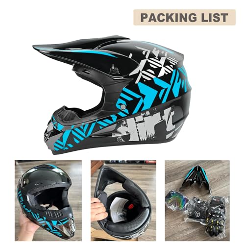 Youth Dirt Bike Helmets Fashion Motocross Helmet Kids ATV Off-Road Helmets Moutain Bike Motorcycle Helmets DOT Approved (Goggles Gloves Faceshield) (Blue, Small)