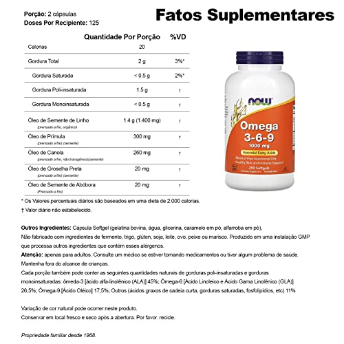 NOW Supplements, Omega 3-6-9 1000 mg with a blend of Flax Seed, Evening Primrose, Canola, Black Currant and Pumpkin Seed Oils, 250 Softgels