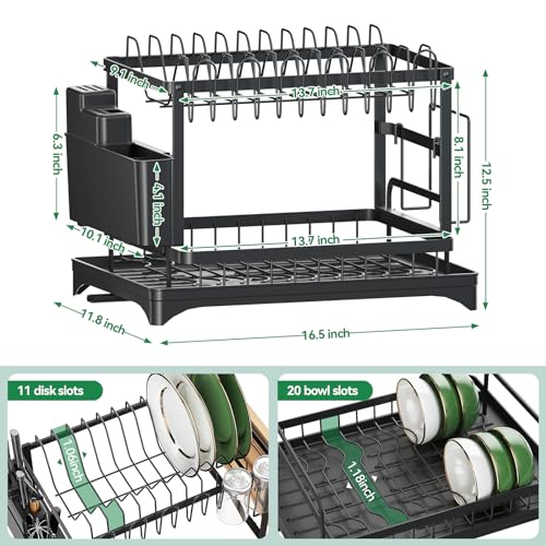 QECOUI 2 Tier Dish Drying Rack for Kitchen Counter, Dish Drainers for Kitchen Counter with Drainboard, Metal Kitchen Dish Rack with Drain, Kitchen Drying Rack Two Tier, Black Dish racks (Black)
