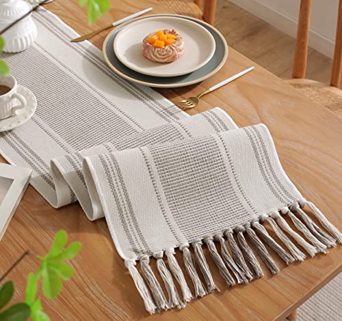 Caflife Boho Table Runner Natural Stripe for Modern Farmhouse Coffee Table Decor, Rustic Woven Runner with Handcrafted Tassels for Home Dining Table décor 13 x 60 Inch Long