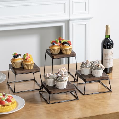 MyGift 6 Inch Square Display Risers for Food, Set of 4 Buffet Risers, Burnt Brown Solid Wood Top Riser with Matte Black Metal Wire Base, Dessert Table Display Cupcake Stands Set