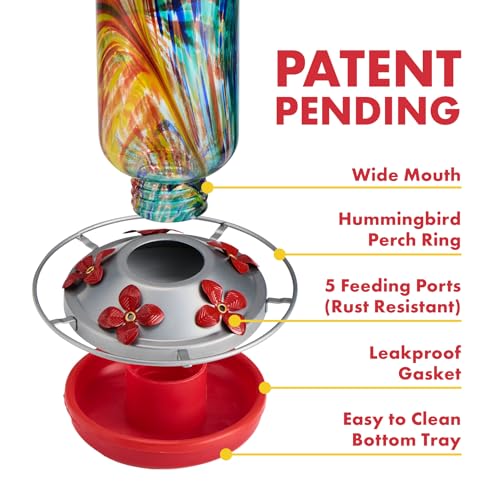 Twinkle Star Hummingbird Feeder Glass, 28fl.oz Hummingbird Feeders for Outdoors Hanging, 5 Feeding Ports & Perch Ring, Hand Blown, Hummingbirds Gifts, Garden Decor, incl.S Hook, Ant Moat, Rope (Red)