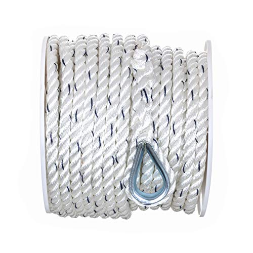 Seachoice Boat Anchor Line Rope, 3-Strand Twisted, Nylon, White/Blue, 1/2 in. X 100 Ft.
