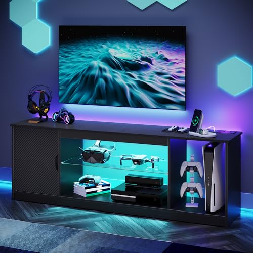 Bestier LED TV Stand with Power Outlets for 55/60/65 Inch TV, Gaming Entertainment Center with Cabinet for PS5, Modern TV Cabinet with Adjustable Glass Shelves for Living Room, Bedroom 58 Inch,Black