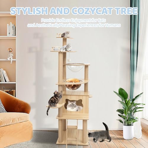 Cat Tree, Modern Cat Tree Tower for Indoor Cats - 67" Tall Premium Particle Board Condo with Hammock, Scratching Post and Toy for Large Cats ,Pet Home(Upgraded B12)
