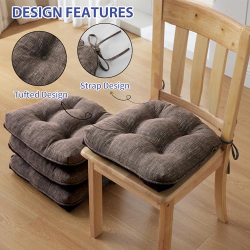 IPYNBAP Chair Cushions for Dining Chairs Set of 2, Indoor Kitchen Chair Cushions with Ties and Non Slip Backing, Tufted Shredded Memory Foam Kitchen Chair Pads, 15.5" x 15.5" x 4", Brown