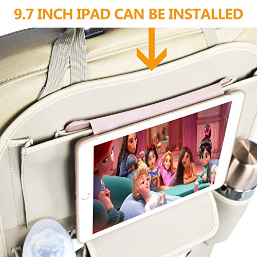 Viaviat Car Seat Organizers Waterproof Backseat Protector with Storage Pocket Large Leather Kick Mats for Kids Pets Automobile SUV Truck (Beige, Large Pocket)