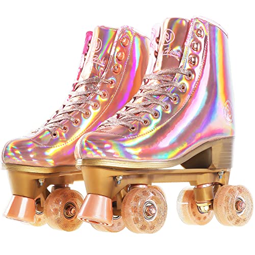 JajaHoho Roller Skates for Women, Holographic High Top PU Leather Rollerskates, Shiny Double-Row Four Pink Glitter Wheels Quad Skates for Girls and Age 8-50 Indoor Outdoor (Size 1, Rose Gold)