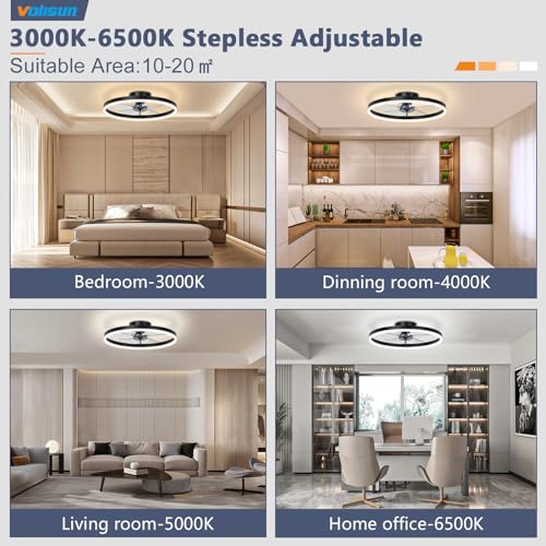 VOLISUN Low Profile Ceiling Fan with Lights and Remote, 15.7in Bladeless Ceiling Fans with light Flush Mount, 3000K-6500K Dimmable Modern LED Fan Light, Black Fandelier Ceiling Fans for Bedroom