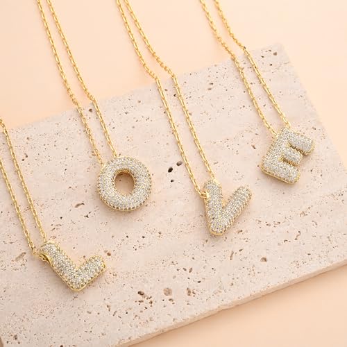 CIELTEAR Bubble Letter Necklace Gold Initial Necklaces for Women Chunky Charm Necklace Pendant U 14K Gold Plated Cubic Zirconia Balloon Letter Necklace Dainty Gold Jewelry for Women Trendy