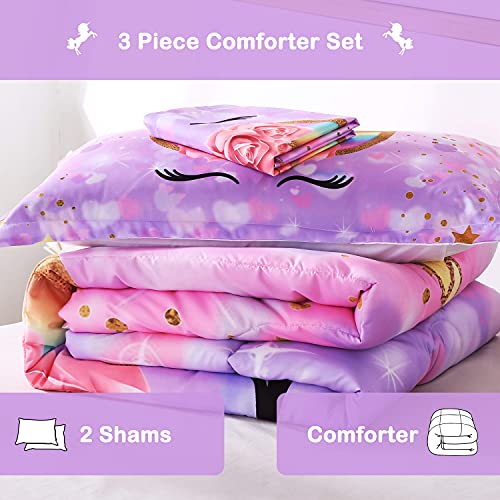 Oecpkd Cute Unicorn Comforter Sets Rainbow Soft Girls Comforter Sets 3pc Pink Flower Girl Unicorn Bedding Sets