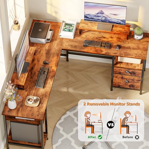 Furologee 66" L Shaped Computer Desk with Shelves, Reversible Corner Gaming Desk with File Drawer and Dual Monitor Stand, Large Home Office Desk Writing Study Table Workstation, Rustic Brown