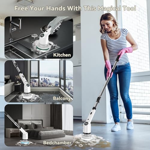 Electric Spin Scrubber - IMAXTOP Cordless Cleaning Brush with 8 Replaceable Heads, Shower Cleaner with Long Handle, Bathroom, Grout, Tub, Floor, Kitchen Cleaner
