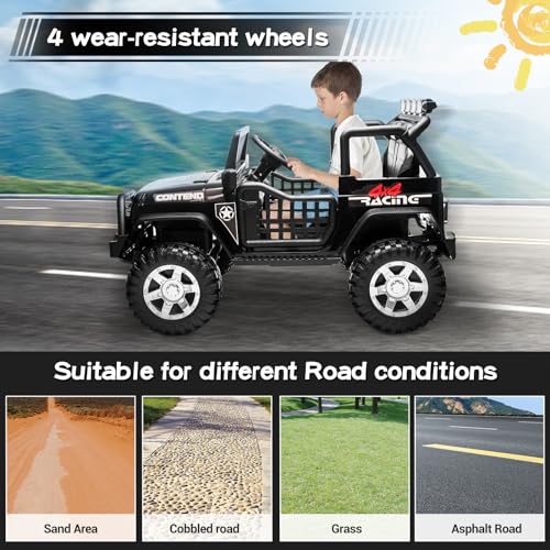 SEHOMY Kids Ride On Truck with Remote, 12V Battery Powered Electric Car for Kids - Two Seater with one Belt, Spring Suspension, LED Lights, Safety Belt, Music, 4 Wheels Kids Electric Vehicles Black