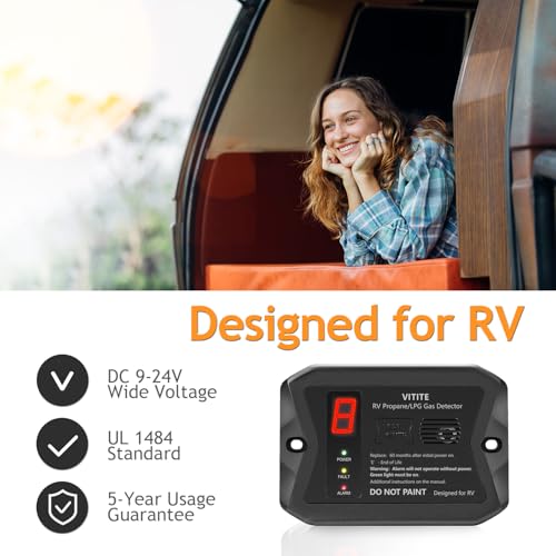 VITITE RV Propane Gas Detector, RV Propane/LPG Gas Alarm, DC 12V - Designed for Motorhome Travel. Digital Display; 85dB Alarm; (Surface & Flush Mount- Black)