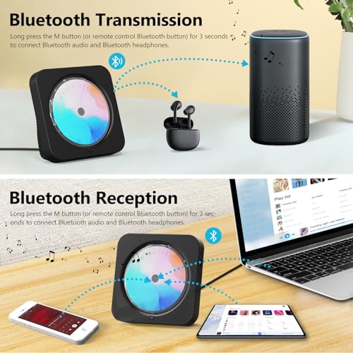 CD Player Portable with Bluetooth 5.1Desktop CD Player with HiFi Sound Speakers,Remote Control,Dust Cover,LED Display,Boombox FM Radio,USB/AUX for Home (Black)