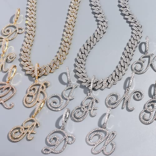 PTJDSMF Gold Silver Plated Initial Cuban Link Chain Necklace for Women Cursive Letter Gold Miami cuban link chain Iced out chain with pendant for women (Silver, T)