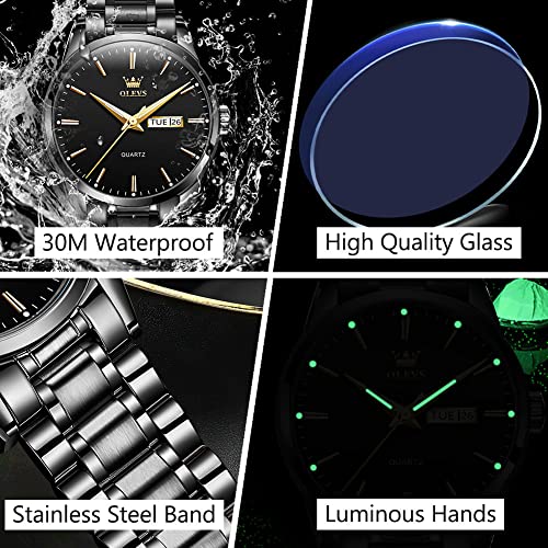 OLEVS Men's Analog Watches Two Tone Stainless Steel Band Date and Day Quartz Watch for Men Black Dial Easy to Read Men's Battery Watch with Numbers Casual Hand Watches for Older Men Reloj de Hombre