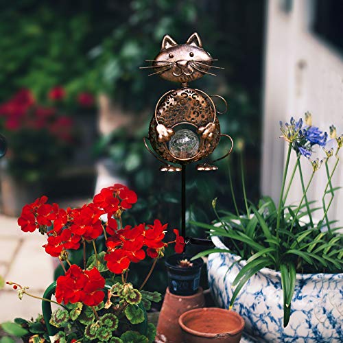 KAIXOXIN Garden Solar Lights Metal Cat Crackle Glass Globe Stake Lights,Waterproof Warm White LED Solar Path Lights (Cat-Bronze)