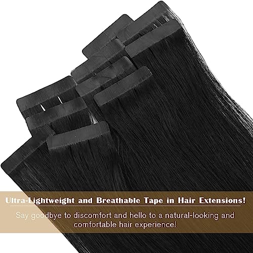 Ve Sunny Tape in Hair Extensions Black Tape in Real Human Hair Extensions #1 Jet Black Tape ins Extensions Human Hair for Girls Black Hair Extensions Silky Straight 20pcs 50g 14inch