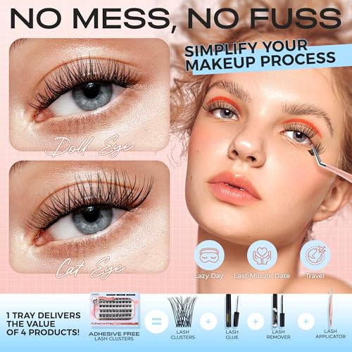 LASHVIEW Self Adhesive Eyelashes,D Curl Press On Lash Clusters Kit Pre Glued Eyelash Clusters with Applicator,No Glue No Remover Needed DIY Lash Extension Kit 10-16mm (N01 60Pcs)