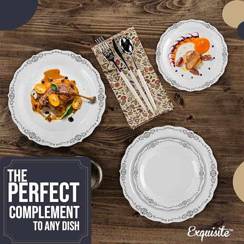 Exquisite Victorian Plastic Plates 80 Piece Plastic Disposable Plates for Party Set For 40 Guests 40 X 7.5 inch Dessert Plates & 40 X 10.25 Inch Plastic Plates Disposable Heavy Duty White & Black