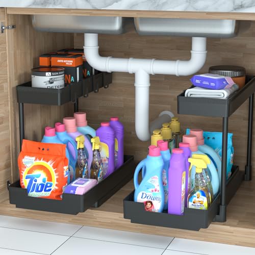 petisal Under Sink Organizer -2 PACK|Pull Out Bathroom Organizer|2 Tier Slide Out Bathroom/Kitchen Organiers and Storage. (L-Shape 2PACK)
