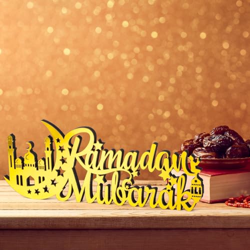 Eid Mubarak Decorations Ramadan Decoration for Home Gold Wood Acrylic Stand Letters Islamic Tabletop Ramadan Mubarak Gifts Table Top Centerpiece Decor