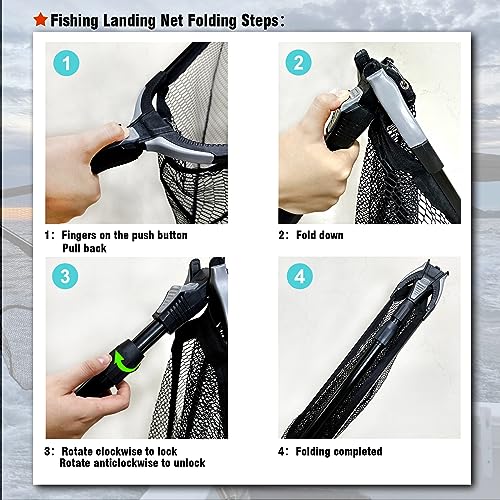 Fiblink Folding Aluminum Fishing Landing Net Fish Net with Extending Telescoping Pole Handle(Extend Length: 44-60 inches-with Larger net)