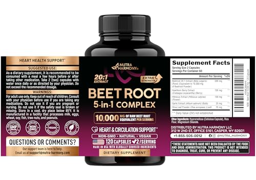 NUTRAHARMONY Beet Root 5-in-1 Complex Capsules - Healthy Blood Pressure Support Supplement** for Heart & Circulation Support - with Hawthorn Berry, Hibiscus & Garlic - Made in USA, 120 Capsules
