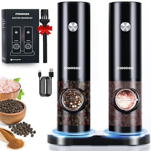 Electric Salt and Pepper Grinder Set with Rechargeable Base & LED Light - Upgraded Automatic Refillable Pepper Mill Shakers - Adjustable Coarseness, One-Hand Operation for Kitchen(2 Pack, Black&Black)