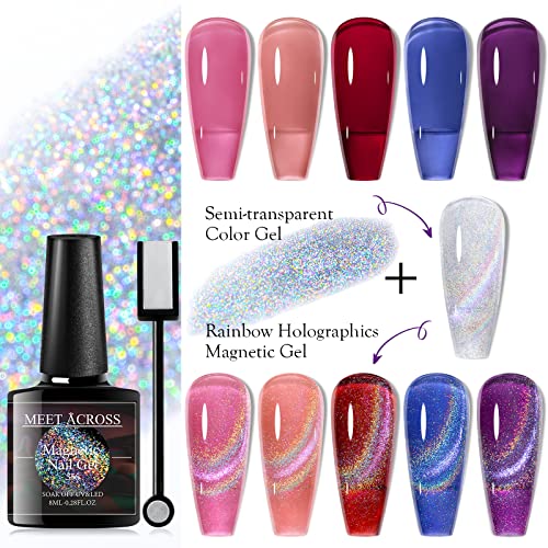 MEET ACROSS Amber Crystal Cat Eye Gel Nail Polish, Reflective Glitter Magnetic Nail Polish, Sparkly Red Coral Orange Brown Gel Polish Kit Gift for Winter Christmas