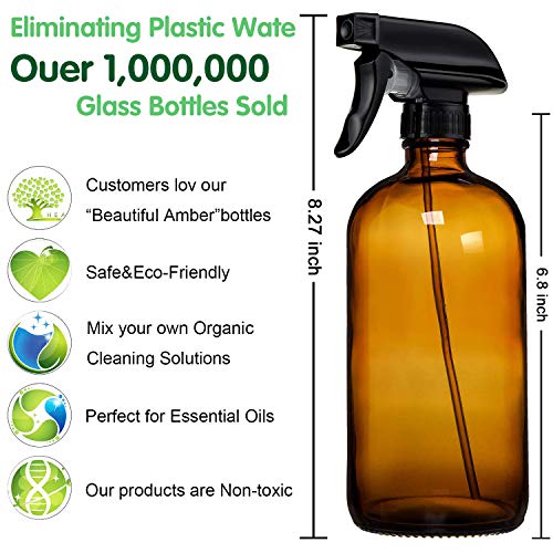 Amber Glass Spray Bottles 16 oz Pump Bottle (2 Pack) Refillable Cosmetic Containers Brown Mist & Stream Mister for Essential Oil Products Shampoo Soap Cleaning Bottles Or Aromatherapy Sprayer Plant