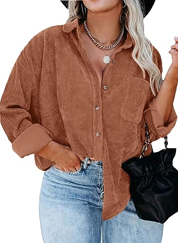 IN'VOLAND Plus Size Women Corduroy Button Up Shirts Shacket Long Sleeve Oversized Blouses Tops Casual Collared Jacket Purple