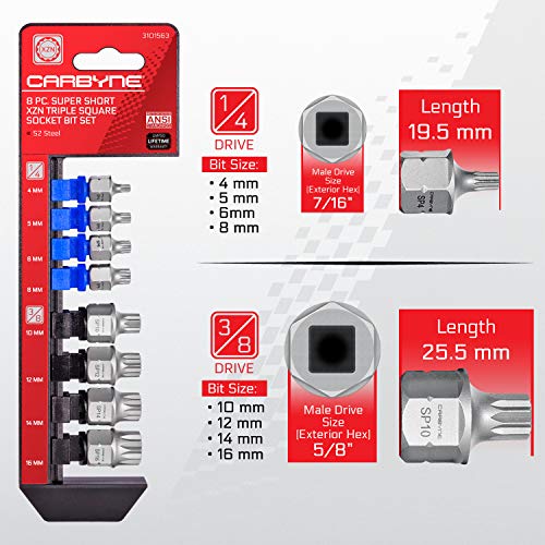 CARBYNE 8-Piece XZN Triple Square Super Short Low Profile Bit Socket Set - 12 Point | 4mm to 16mm, Dual-Drive: Internal Square Drive & External Hex Drive • From a Family-Run Tool Company in the U.S.