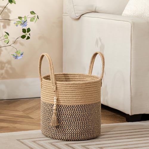 UBBCARE Woven Storage Basket - 11 x 11 inches, Decorative Rope Basket with Handles, Round Basket for Blankets, Dirty Clothes, Toys and Shoes in Living Room, Bedroom, White & Jute