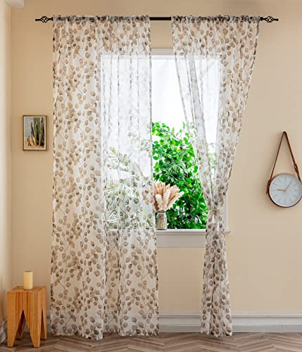 Yancorp Leaf Curtains 79 Inch Length for Living Room 2 Panels Tulle Vine Window Leaf Prints Sheer Curtains Set Transparency Sheer Drapes(Khakileaves,W39 X L79)