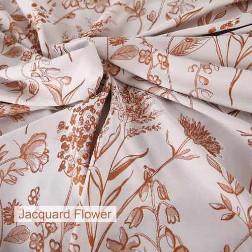 YINFUNG Flower Duvet Cover Floral Embroidered Burnt Orange Terracotta Rust White Queen Spring Wildflower Botanical Jacquard Textured 3 Pieces Bedding Set Country French Elegant