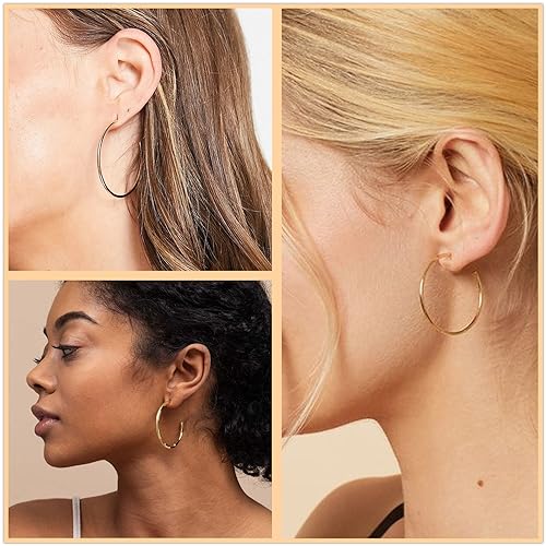 14K Gold Hoop Earrings for Women, Hypoallergenic Open Hoops, Non-Nickel Titanium Earrings for Sensitive Ears, 2mm Thin Hoop Lightweight Earrings (30mm-Gold)