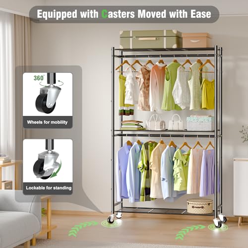 Neatrays Rolling Clothes Rack for Hanging Clothes, Metal Clothing Garment Rack with Double Rods & 3 Wire Shelves, Portable Wardrobe Closet with Wheels