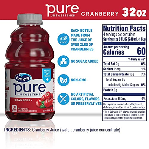 Ocean Spray® Pure Unsweetened Cranberry, 100% Cranberry Juice From Concentrate, 32 Fl Oz Bottle (Pack of 8)