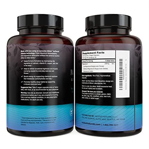 Nested Naturals Magnesium Glycinate Chelate - Magnesium Supplement for Muscle Cramps, Relaxation, & Sleep Support - 100% Chelated Albion TRACCS Buffered Magnesium Glycinate 200mg - 120 Vegan Capsules
