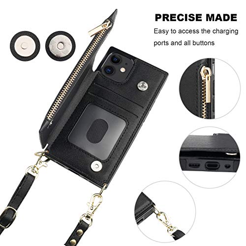 Bocasal Crossbody Wallet Case for iPhone 12 Mini with Card Holder,Zipper Card Slot Protector Shockproof Purse Cover with Removable Cross Body Strap 5.4 Inch(Black)