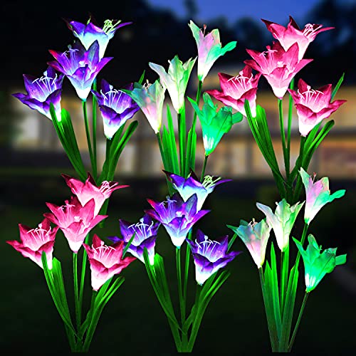 WdtPro Solar Lights Outdoor Garden Decorative Flowers 6 Pack, Waterproof Solar Garden Lights with 24 Lily Flowers, Multi Color Changing LED Solar Powered Landscape Lights for Yard Garden Patio