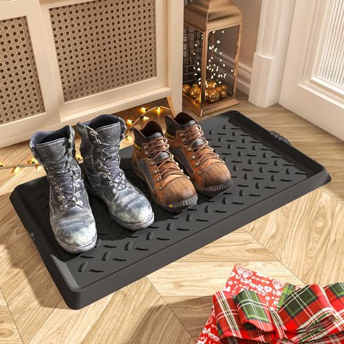 SUPENUIN Boot-Tray Heavy Duty Rubber Mat with Lip Waterproof Shoe Mat Tray for Entryway Indoor Outdoor Multi Use Catch All Trays Entryway Mat Shoe Cleaning Mat Entryway Shoe Storage 16x27.5 Inches