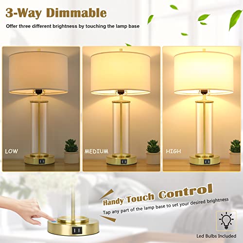 Modern Touch Control Table Lamps with 2 USB Ports for Living Room Set of 2, 3-Way Dimmable Bedside Lamps with White Shades & Clear Glass for Bedroom Nightstand Hotel, Daylight 5000K LED Bulbs Included