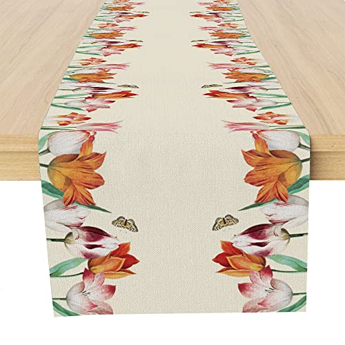 Tulip Floral Table Runner, Spring Summer Table Runner Decor for Dinning Room Kitchen Home Farmhouse Table Runner Decorations for Holiday Party, Housewarming Gifts for Women Couple Friends, 13X72Inches