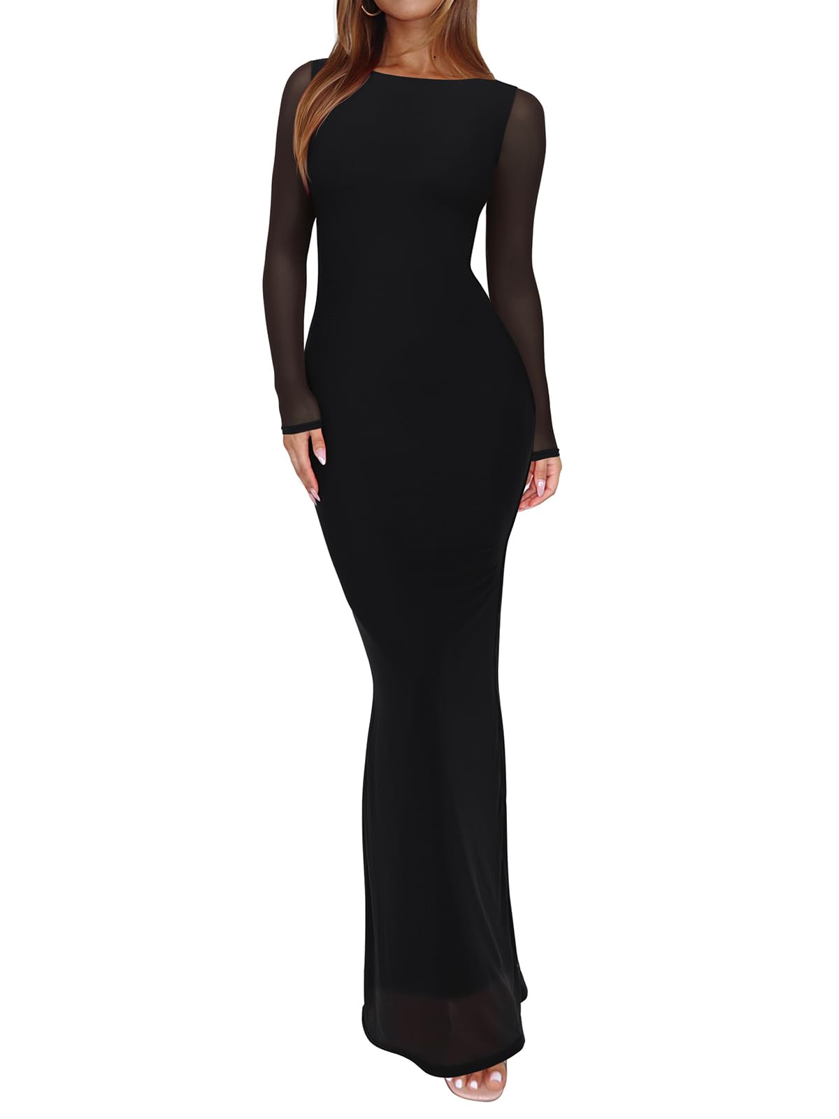 REORIA Women's Fall Mesh Sheer Long Sleeve Wedding Guest Dress Sexy Floral Bodycon Maxi Long Dresses Black Onyx Small
